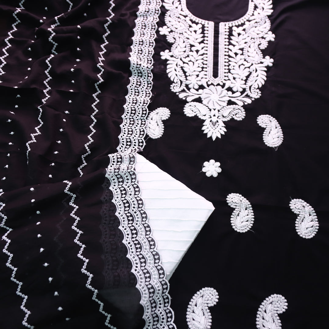 Apurva Oil Black Chikankari inspired Thread Neck Work Cotton Suit Set