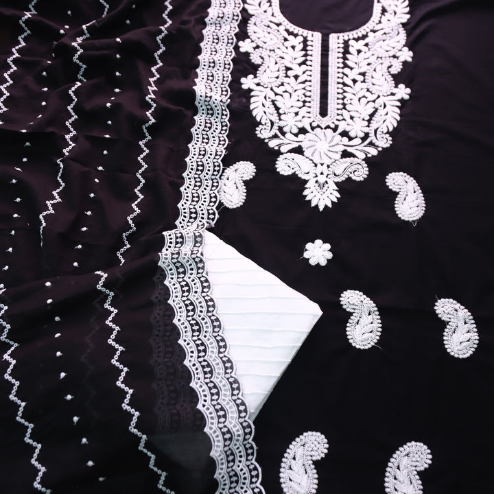 Apurva Oil Black Chikankari inspired Thread Neck Work Cotton Suit Set