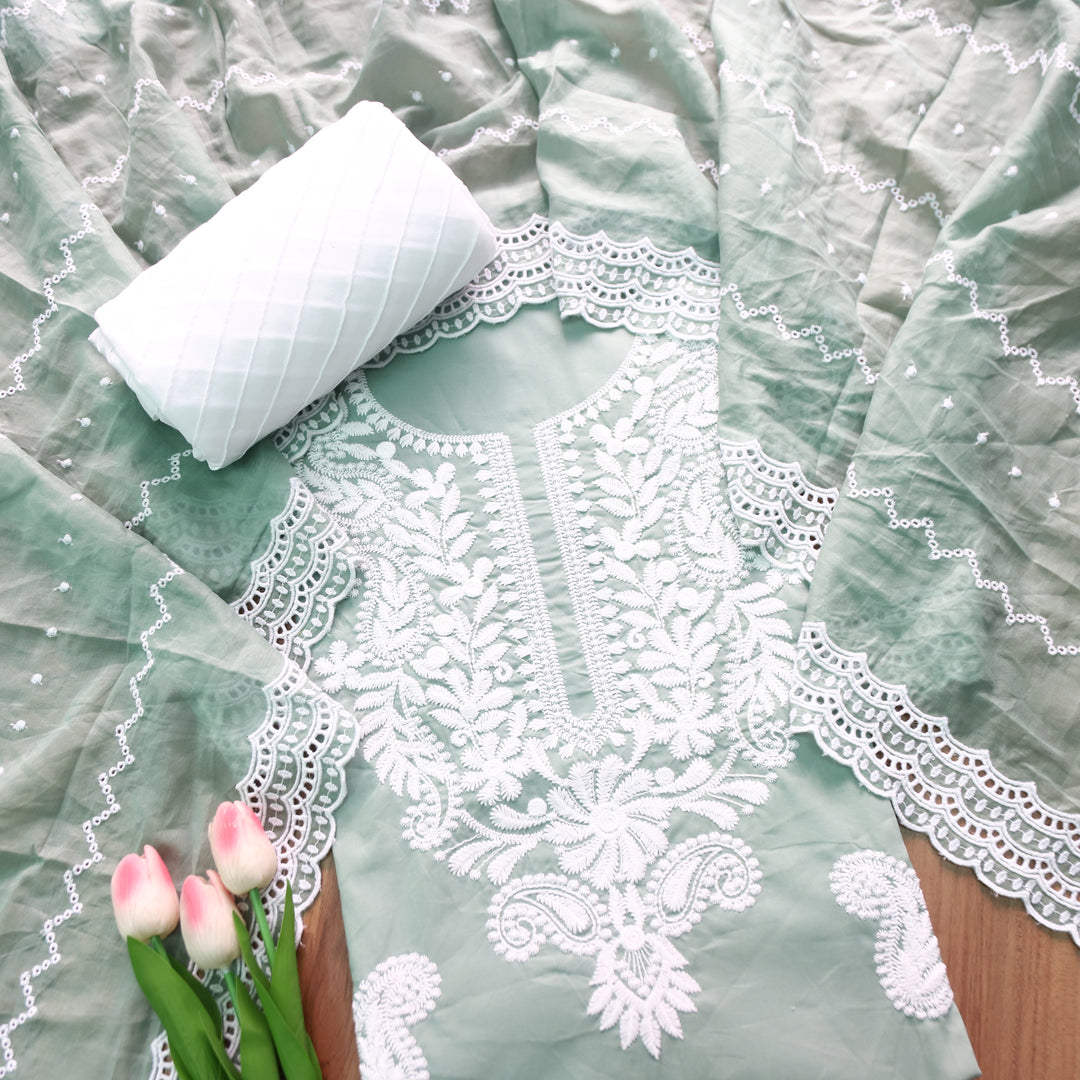 Apurva Castleton Sage Chikankari inspired Thread Neck Work Cotton Suit Set