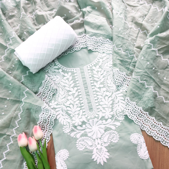 Apurva Castleton Sage Chikankari inspired Thread Neck Work Cotton Suit Set