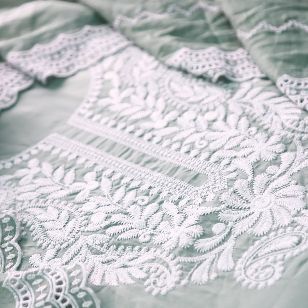 Apurva Castleton Sage Chikankari inspired Thread Neck Work Cotton Suit Set