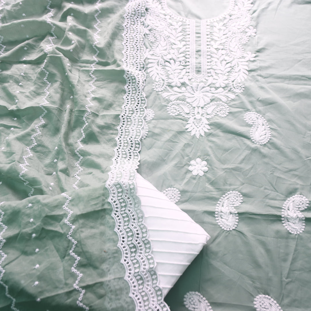 Apurva Castleton Sage Chikankari inspired Thread Neck Work Cotton Suit Set