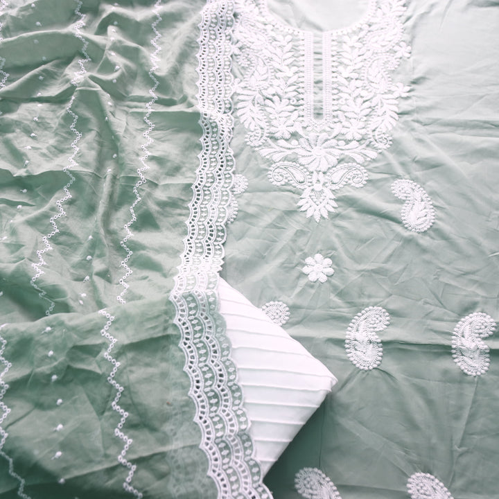Apurva Castleton Sage Chikankari inspired Thread Neck Work Cotton Suit Set