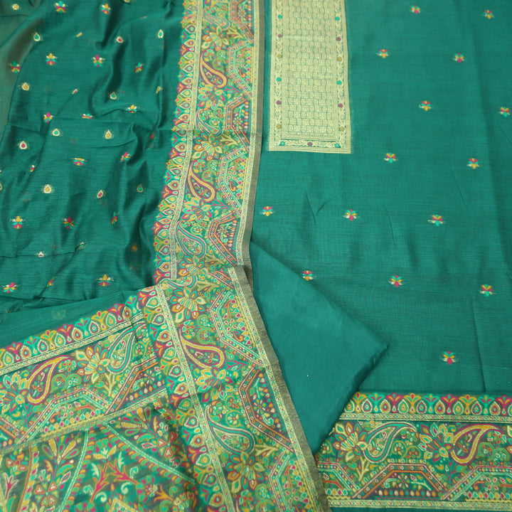 Hamsafar Emerald Green Thread with Zari Authentic Jamdani Weaved Hem Suit Set