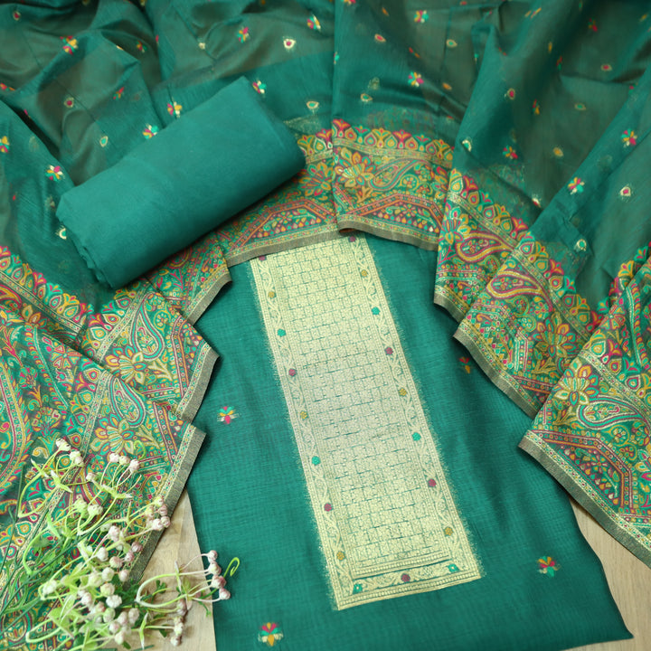 Hamsafar Emerald Green Thread with Zari Authentic Jamdani Weaved Hem Suit Set