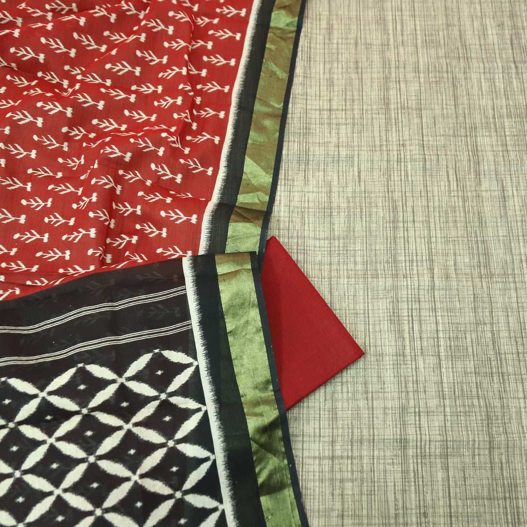 Bahara Beige with Printed Hem Cotton top with Red Bottom Suit Set D2