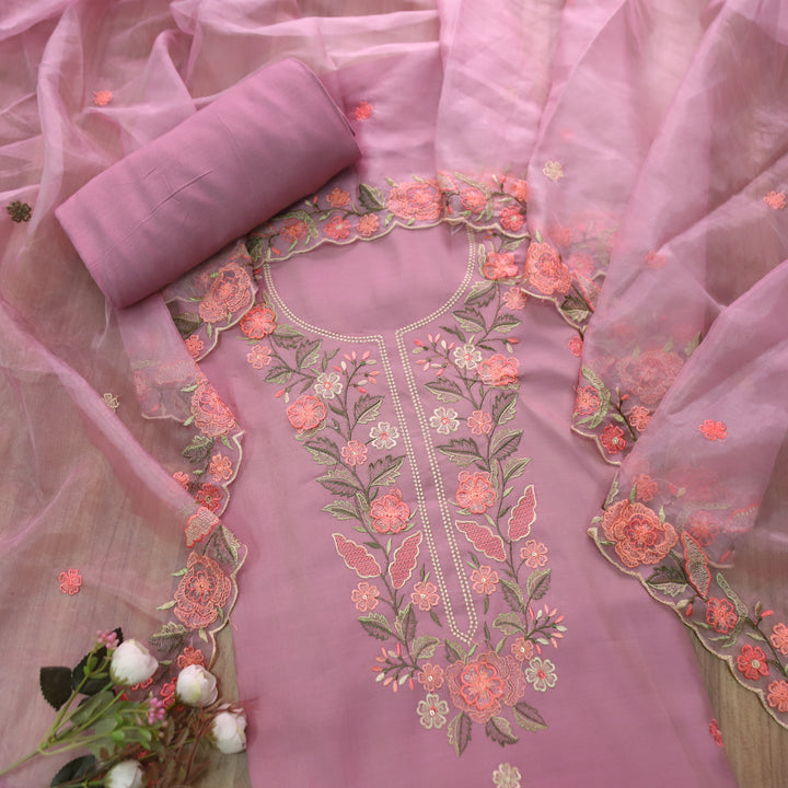Hoor Lilac Mauve All Over Thread Embroidered Neck Work in Modal Suit Set