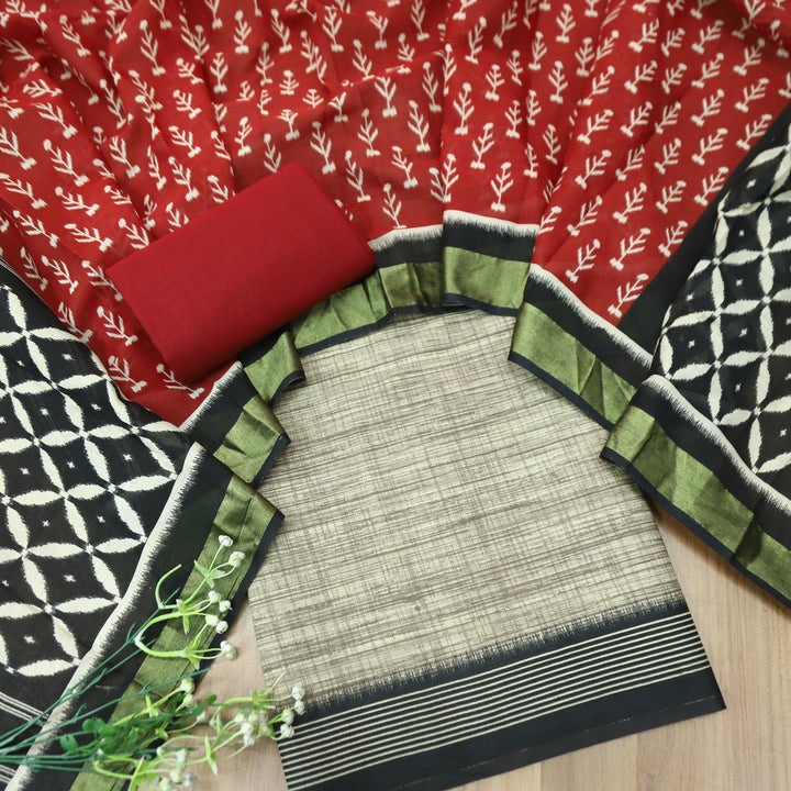 Bahara Beige with Printed Hem Cotton top with Red Bottom Suit Set D2