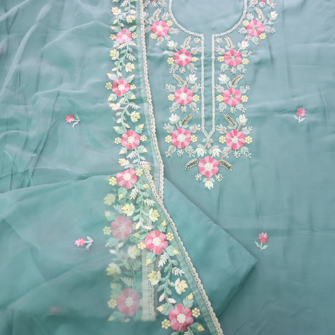 Rabbta Powder Blue Thread Embroidered Neck with Kardana Work Modal Suit Set