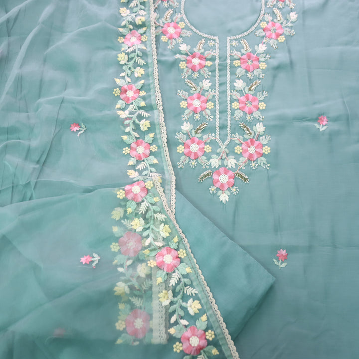 Rabbta Powder Blue Thread Embroidered Neck with Kardana Work Modal Suit Set