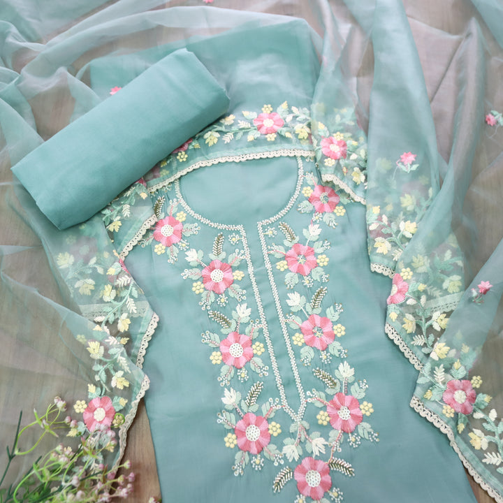 Rabbta Powder Blue Thread Embroidered Neck with Kardana Work Modal Suit Set