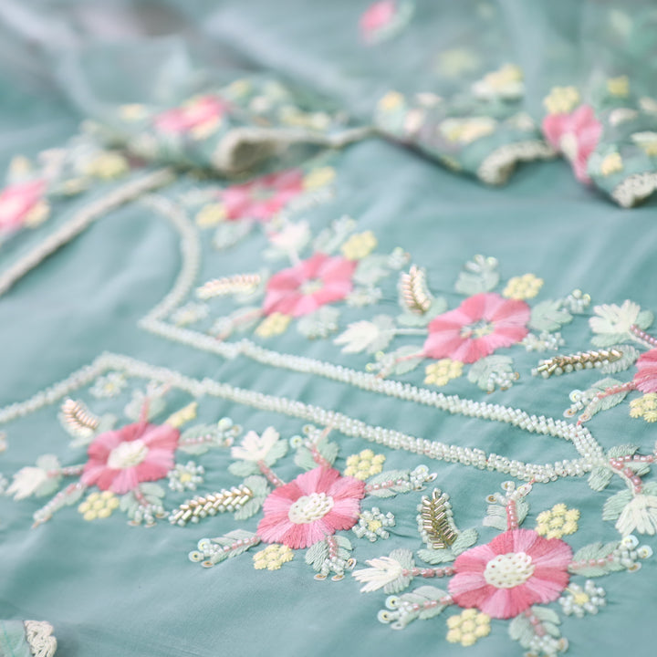 Rabbta Powder Blue Thread Embroidered Neck with Kardana Work Modal Suit Set