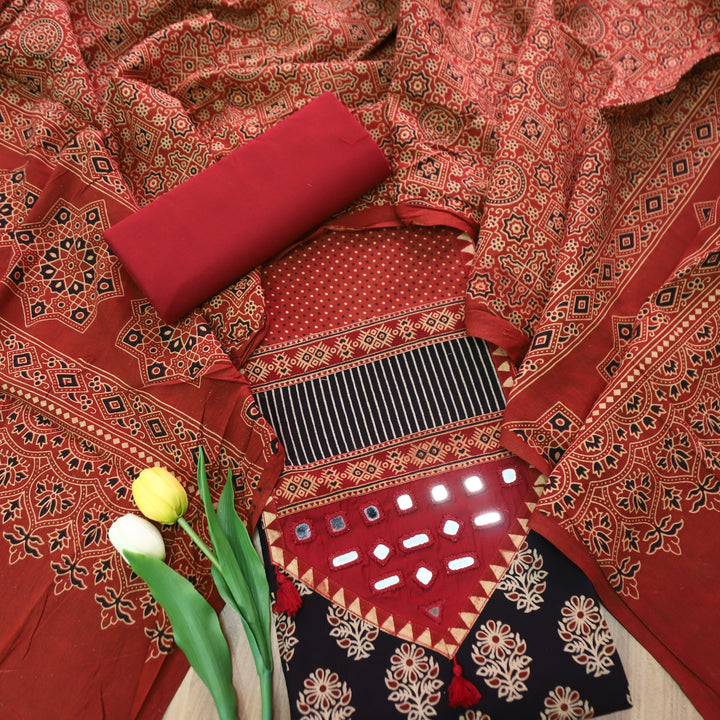Rushna Ebony Black with Red Kutch Patch and Mirror in Ajrak Print Cotton Set