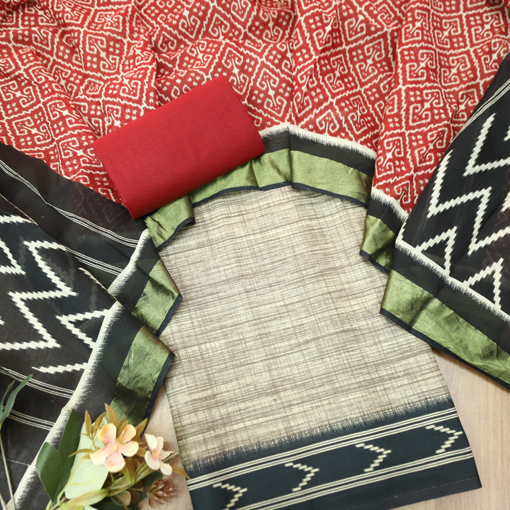 Bahara Beige with Ikkat Printed Hem Cotton top with Red Bottom Suit Set D4