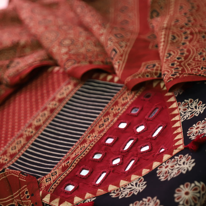 Rushna Ebony Black with Red Kutch Patch and Mirror in Ajrak Print Cotton Set