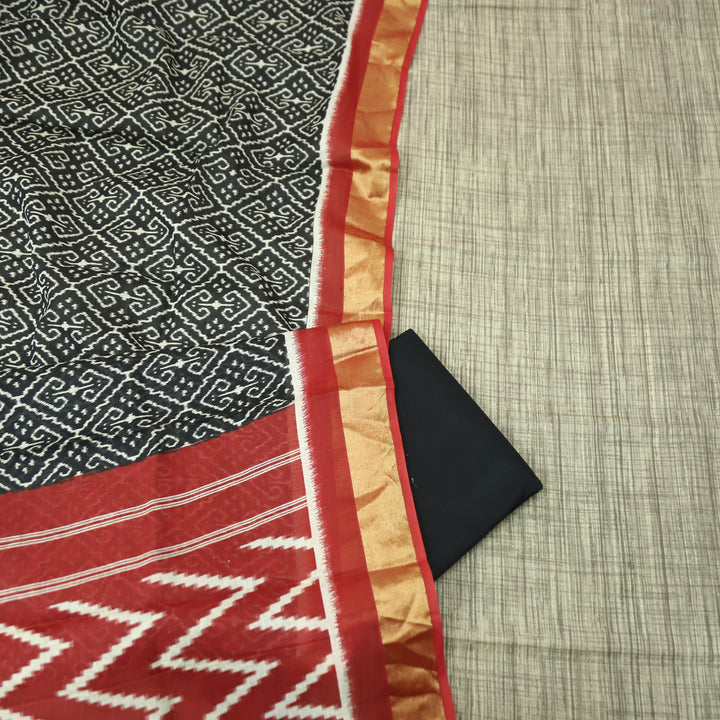 Bahara Beige with Ikkat Printed Hem Cotton top with Black Bottom Suit Set D4