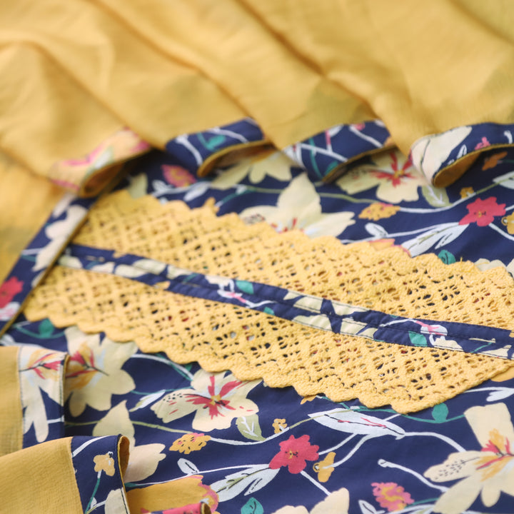 Rukshat Royal Blue Lace Neck Work Floral Printed Cotton Suit Set