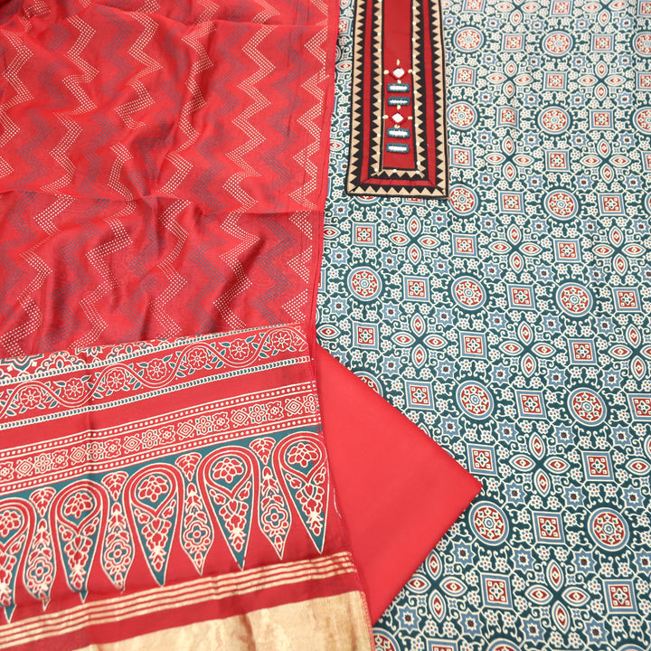 Mira Scralet Teal Mirror Patch Ajrak Print Cotton Rayon Suit Set