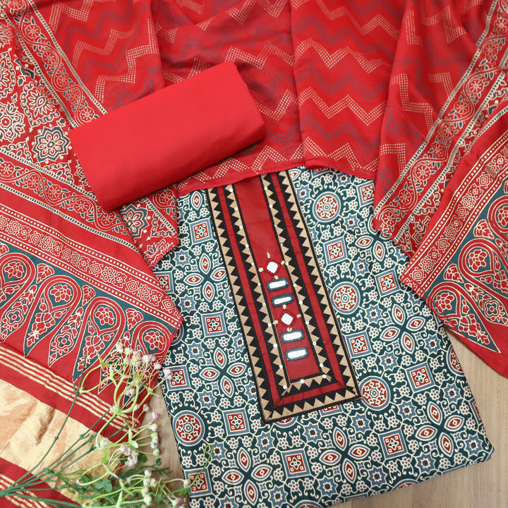 Mira Scralet Teal Mirror Patch Ajrak Print Cotton Rayon Suit Set