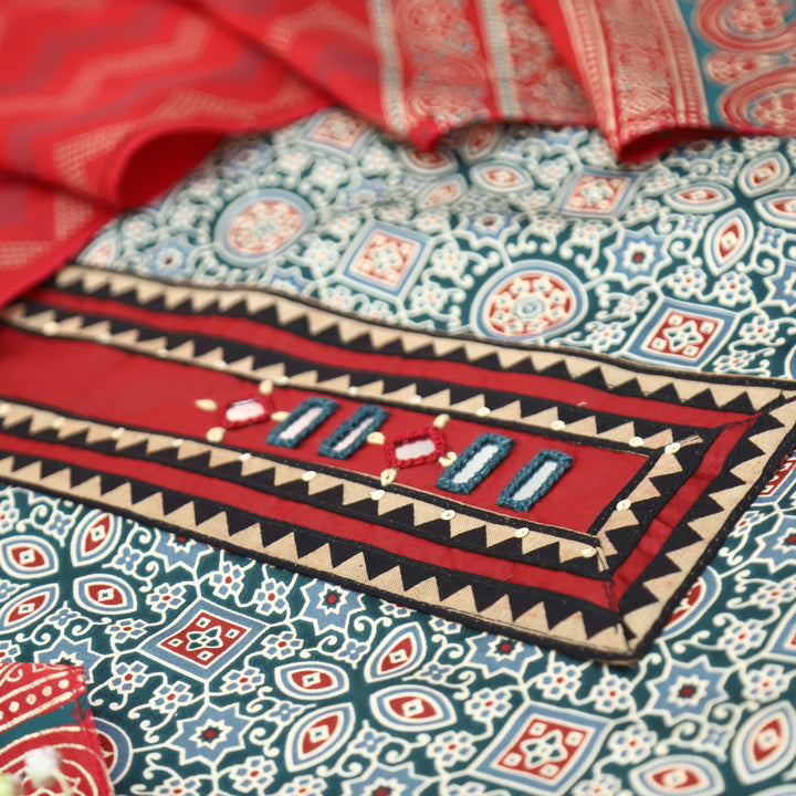 Mira Scralet Teal Mirror Patch Ajrak Print Cotton Rayon Suit Set