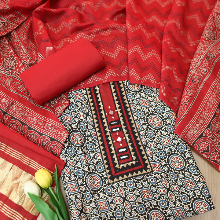 Mira Ebony Black Mirror Patch Ajrak Print Cotton Rayon Suit Set