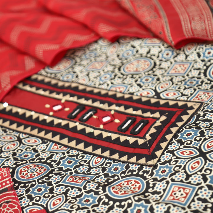 Mira Ebony Black Mirror Patch Ajrak Print Cotton Rayon Suit Set
