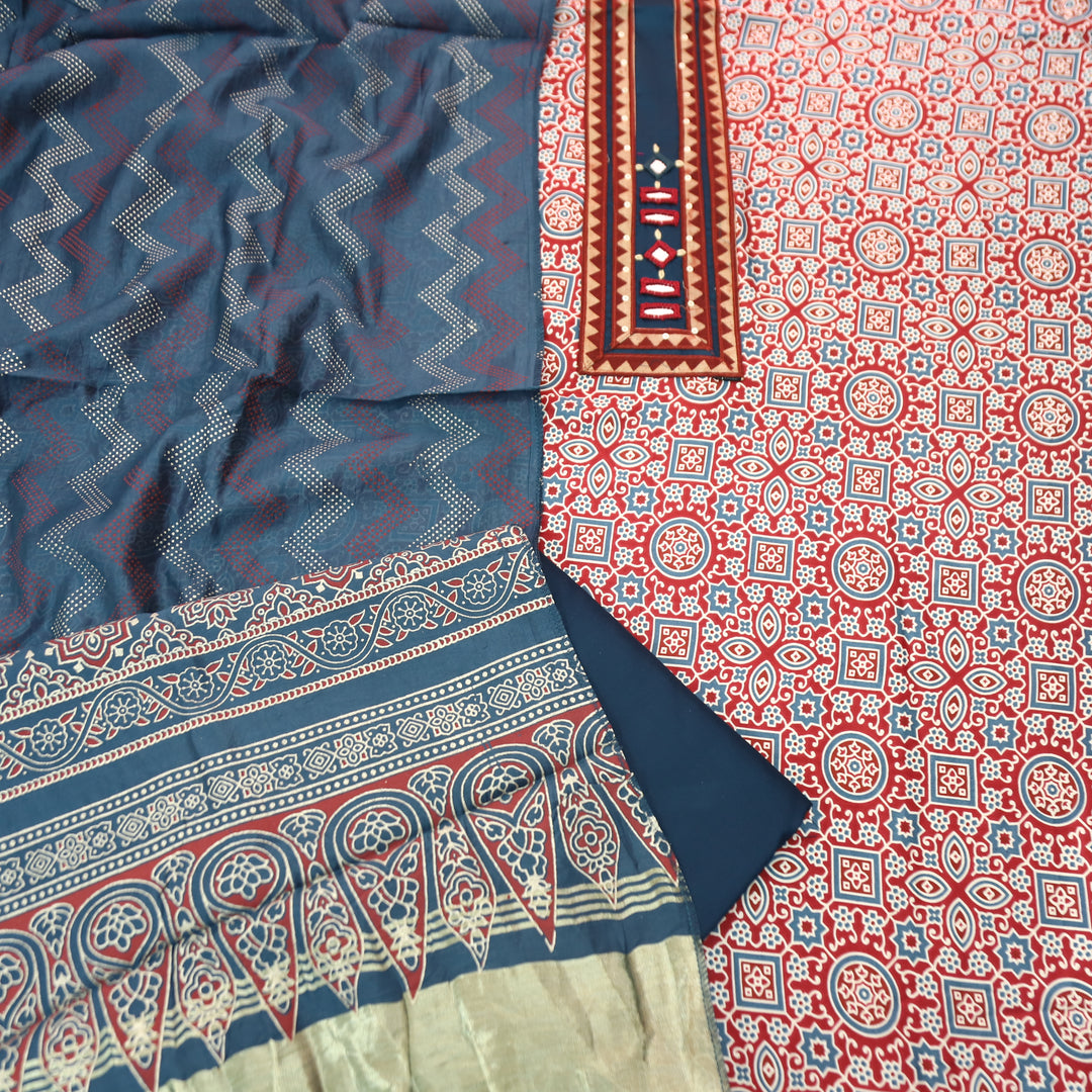 Mira Cherry Red Mirror Patch Ajrak Print Cotton Rayon Suit Set