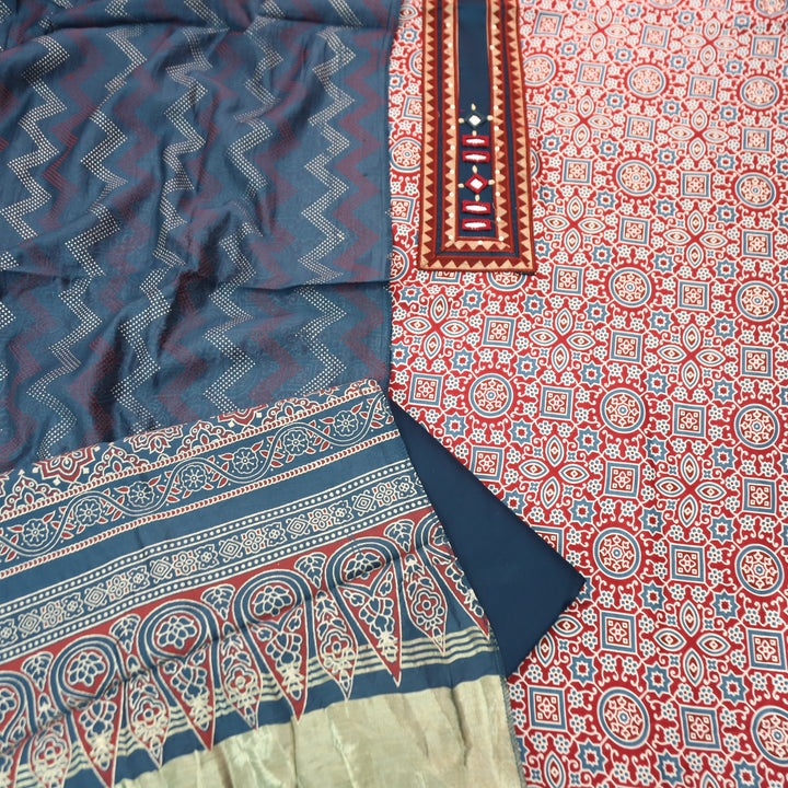 Mira Cherry Red Mirror Patch Ajrak Print Cotton Rayon Suit Set
