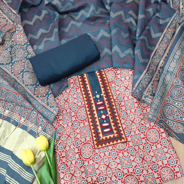 Mira Cherry Red Mirror Patch Ajrak Print Cotton Rayon Suit Set