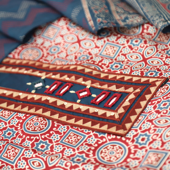 Mira Cherry Red Mirror Patch Ajrak Print Cotton Rayon Suit Set
