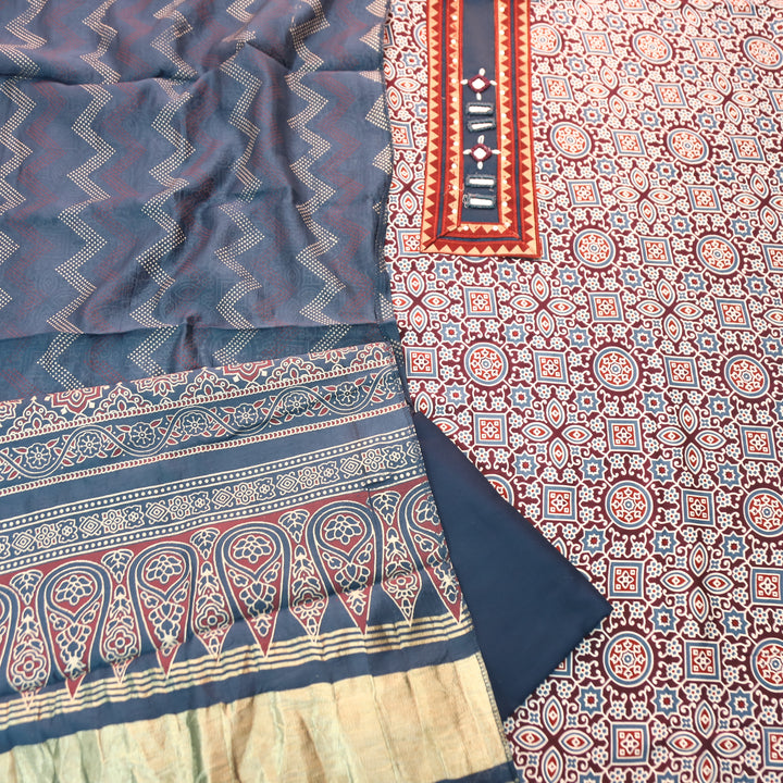 Mira Burgundy Wine Mirror Patch Ajrak Print Cotton Rayon Suit Set