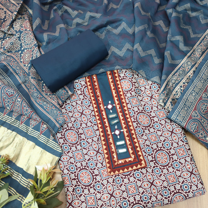 Mira Burgundy Wine Mirror Patch Ajrak Print Cotton Rayon Suit Set