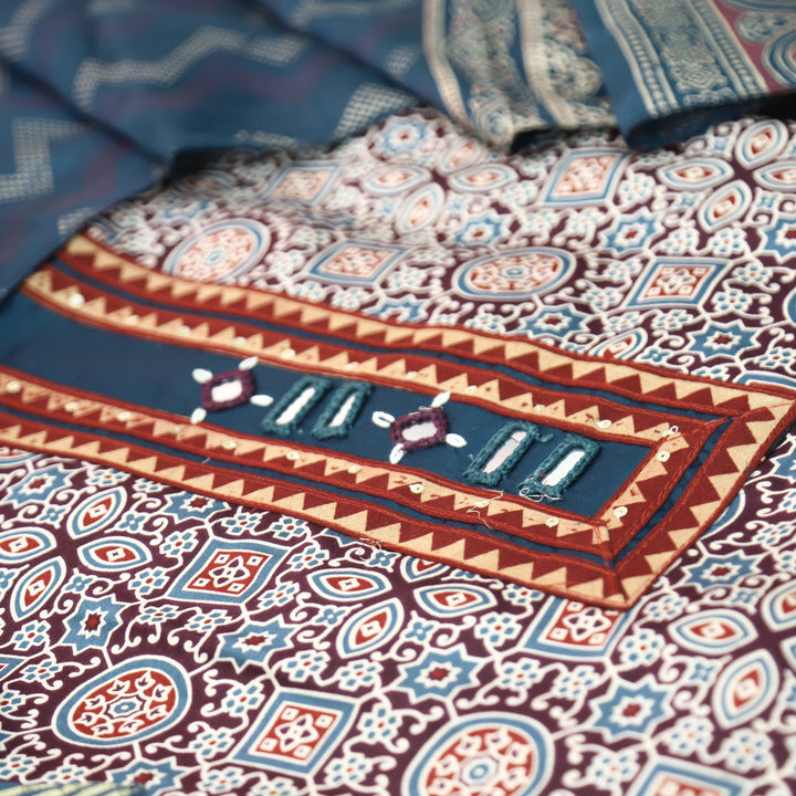 Mira Burgundy Wine Mirror Patch Ajrak Print Cotton Rayon Suit Set