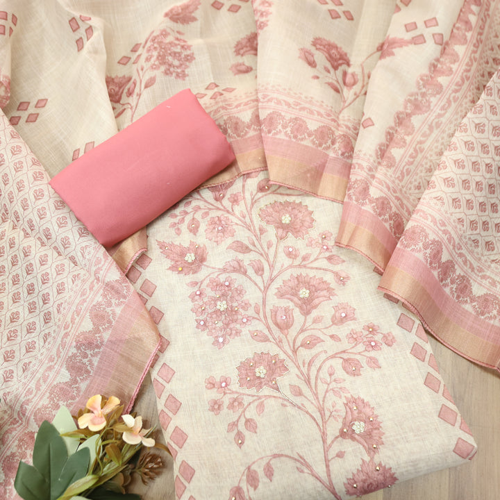 Radhika Beige with Pink Panel Style Floral Printed Shimmer Tissue Linen Set
