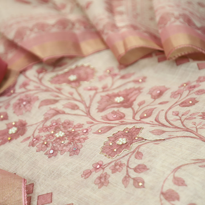 Radhika Beige with Pink Panel Style Floral Printed Shimmer Tissue Linen Set