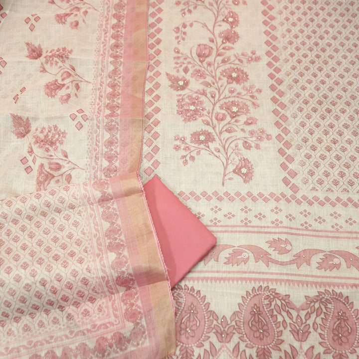 Radhika Beige with Pink Panel Style Floral Printed Shimmer Tissue Linen Set
