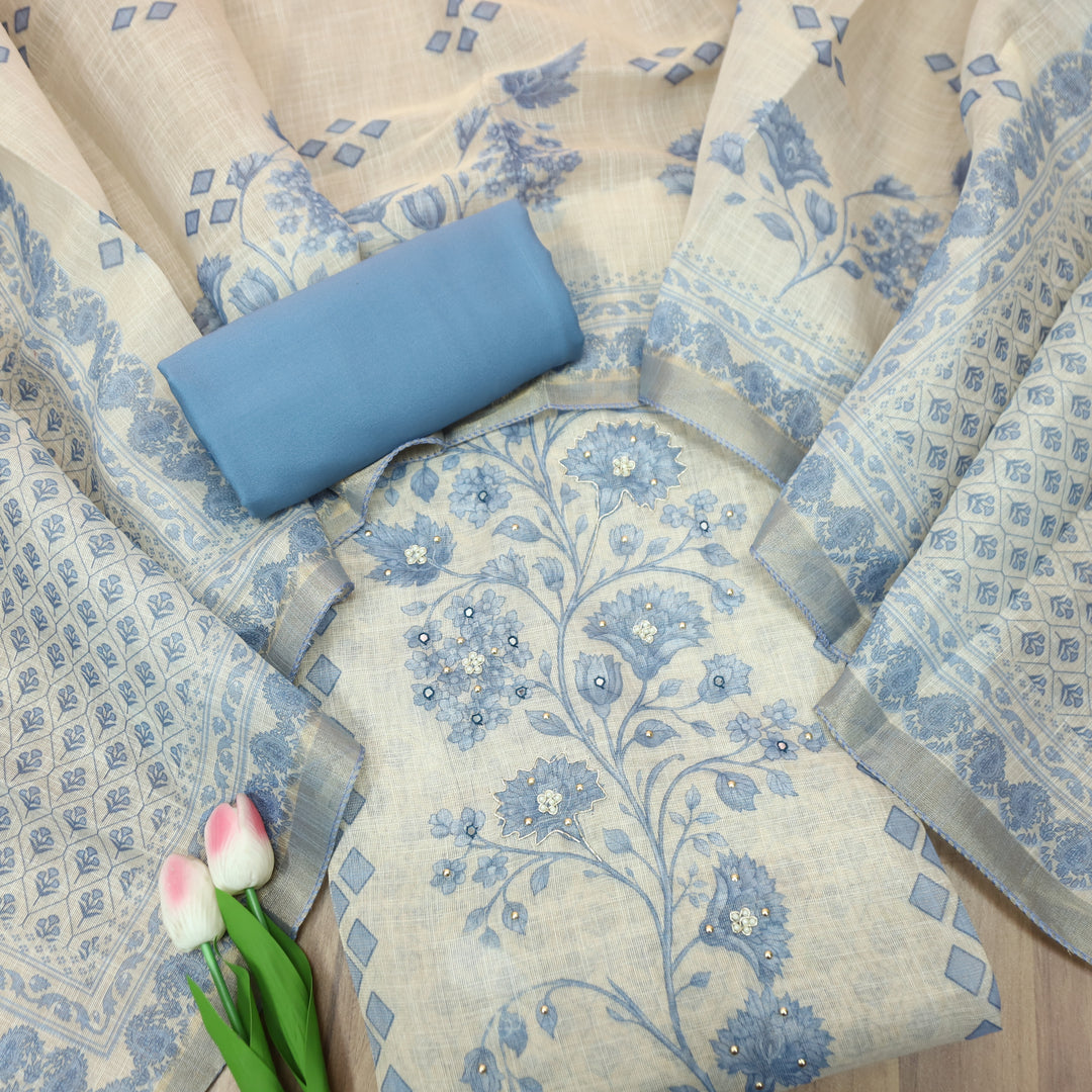 Radhika Beige with Blue Panel Style Floral Printed Shimmer Tissue Linen Set