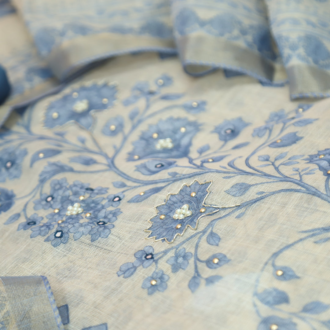 Radhika Beige with Blue Panel Style Floral Printed Shimmer Tissue Linen Set