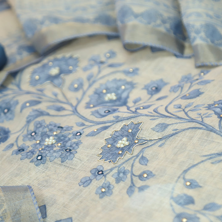 Radhika Beige with Blue Panel Style Floral Printed Shimmer Tissue Linen Set