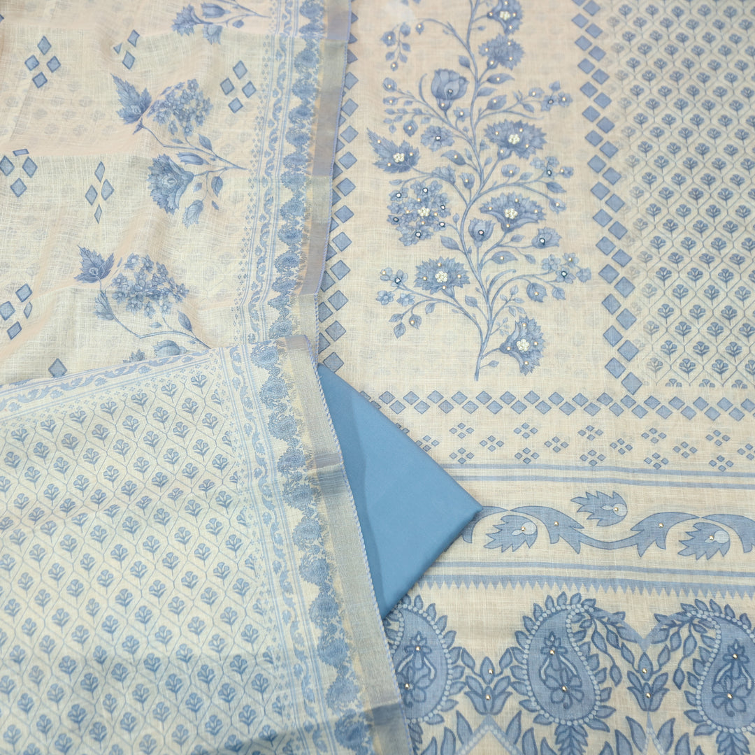 Radhika Beige with Blue Panel Style Floral Printed Shimmer Tissue Linen Set