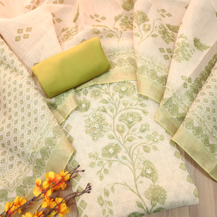 Radhika Beige with Olive Panel Style Floral Printed Shimmer Tissue Linen Set
