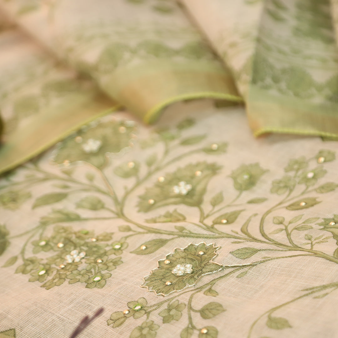 Radhika Beige with Olive Panel Style Floral Printed Shimmer Tissue Linen Set