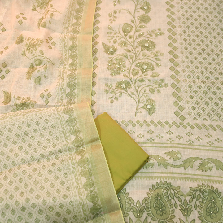 Radhika Beige with Olive Panel Style Floral Printed Shimmer Tissue Linen Set