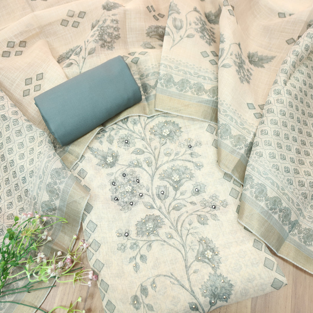 Radhika Beige with Grey Panel Style Floral Printed Shimmer Tissue Linen Set