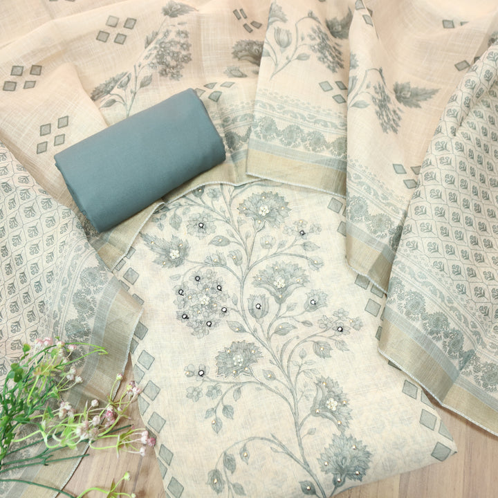 Radhika Beige with Grey Panel Style Floral Printed Shimmer Tissue Linen Set