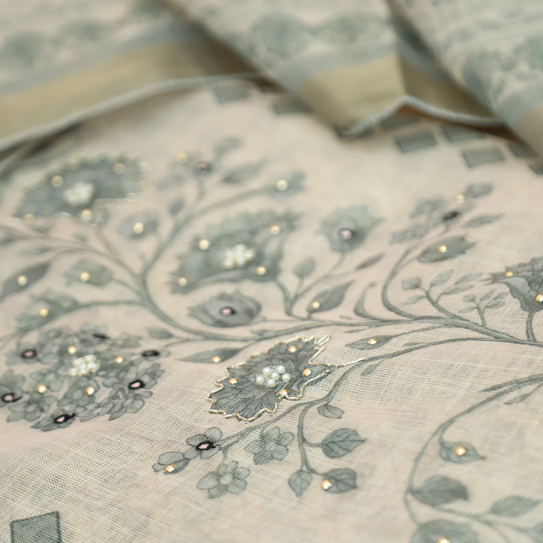 Radhika Beige with Grey Panel Style Floral Printed Shimmer Tissue Linen Set