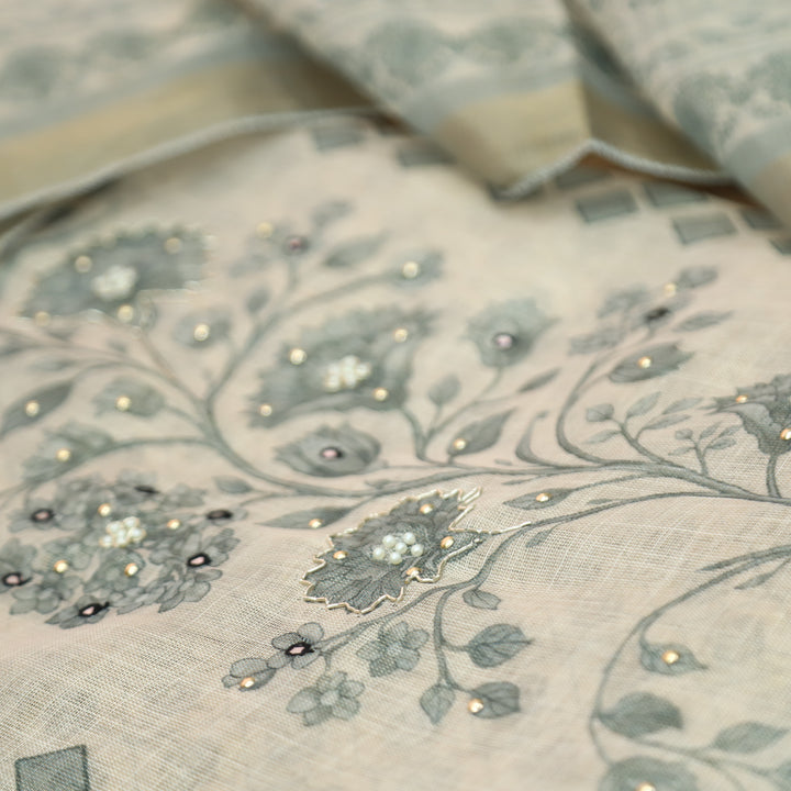 Radhika Beige with Grey Panel Style Floral Printed Shimmer Tissue Linen Set