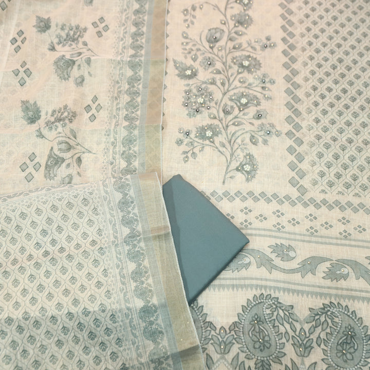 Radhika Beige with Grey Panel Style Floral Printed Shimmer Tissue Linen Set