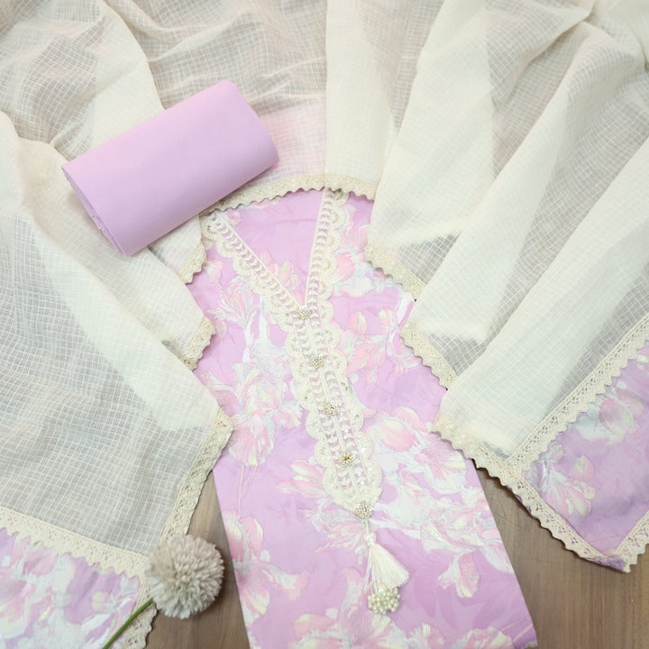 Aafreen Tulip Lilac V Neck Lace Work Floral Printed Cotton Set