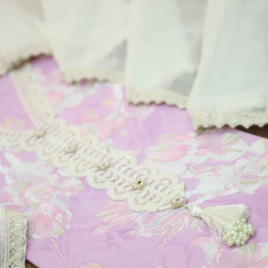 Aafreen Tulip Lilac V Neck Lace Work Floral Printed Cotton Set